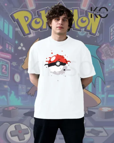 Image of Kiniso white color drop shoulder Gaming themed t-shirt with Pokemon game print