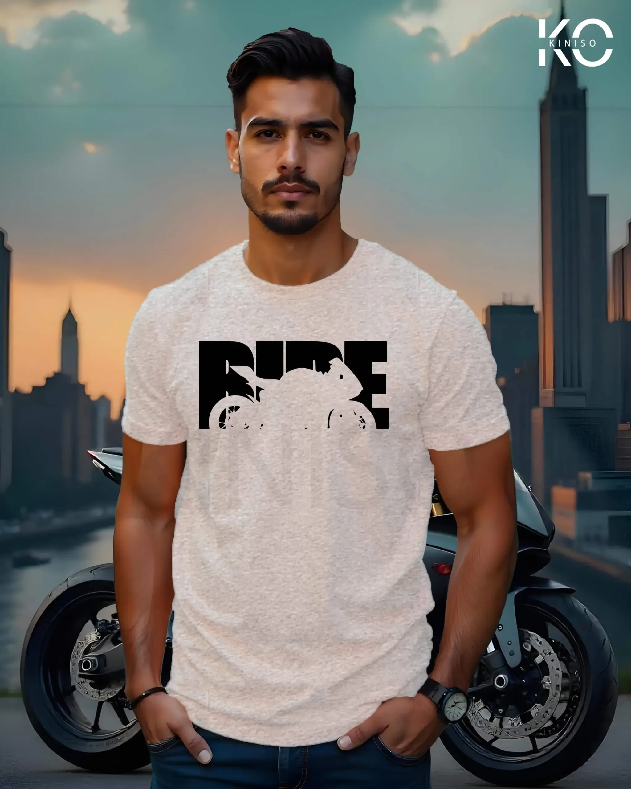 Image of Kiniso Crew Neck Half Sleeve Motorcycle Themed Light Grey Color T-Shirts with Bike Ride Print for Men