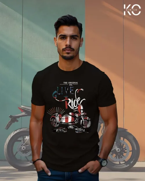 Image of Black Color Half Sleeve Bike Themed T-shirt with ride to live Americans print