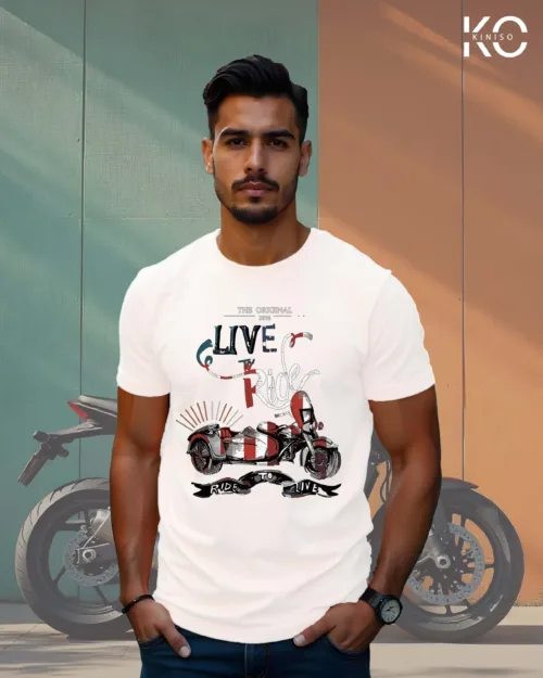 Image of White Color Half Sleeve Bike Themed T-shirt with ride to live Americans print