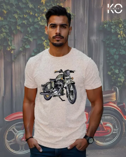 Image of Kiniso Light Grey Color Classic Royal Enfield Design Motorcycle Themed T-Shirts for Men