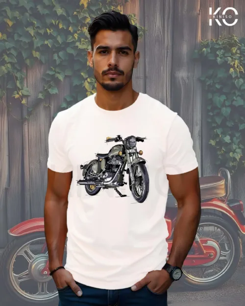 Image of Kiniso Black Color Classic Royal Enfield Design Motorcycle Themed T-Shirts for Men