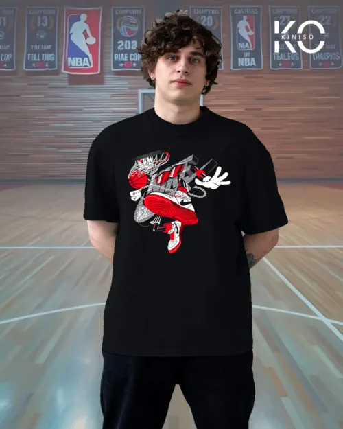 Image of Kiniso Black Color Drop Shoulder NBA T-Shirt with Shoe Cartoon Design