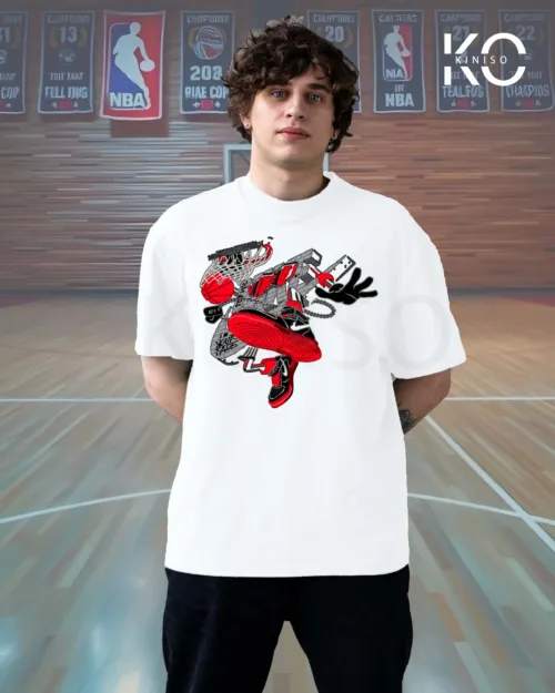 Image of Kiniso White Color Drop Shoulder NBA T-Shirt with Shoe Cartoon Design