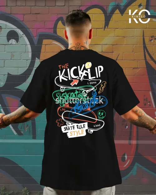 Image of Kiniso Black color drop shoulder graffiti printed t-shirts with Kick flip design for hip hop lovers front side