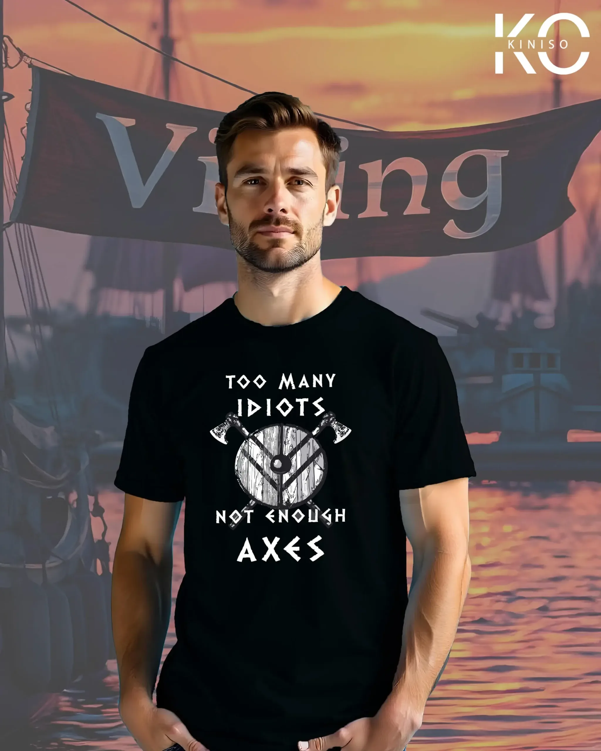 Image of Kiniso Black Color Half Sleeve T-Shirts with Viking Not enough Axes design tees