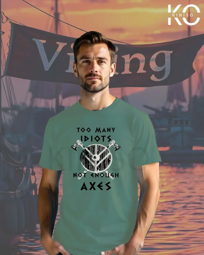 Image of Kiniso Light Pastel Green Half Sleeve T-Shirts with Viking Not enough Axes design tees