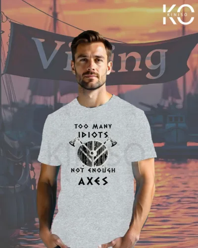 Image of Kiniso Light Grey Color Half Sleeve T-Shirts with Viking Not enough Axes design tees