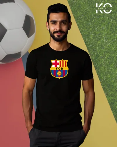 Image of Kiniso Black Color Half Sleeve T-Shirt with Barcelona Logo print for FCB football fans in Bangladesh