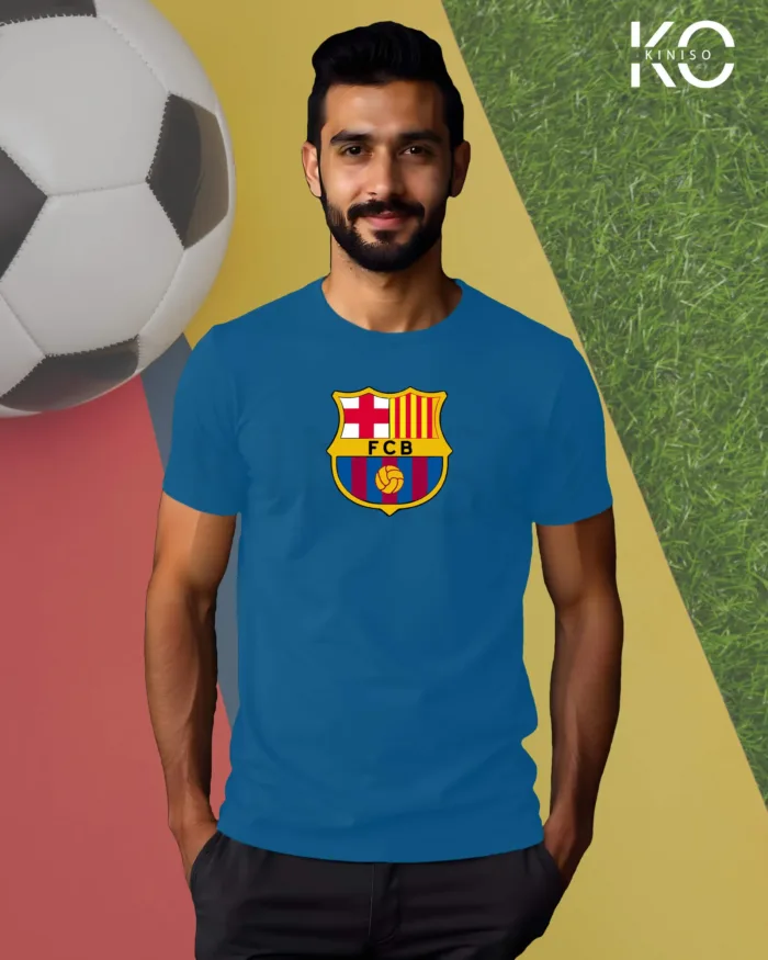 Image of Kiniso Ocean Blue Color Half Sleeve T-Shirt with Barcelona Logo print for FCB football fans in Bangladesh