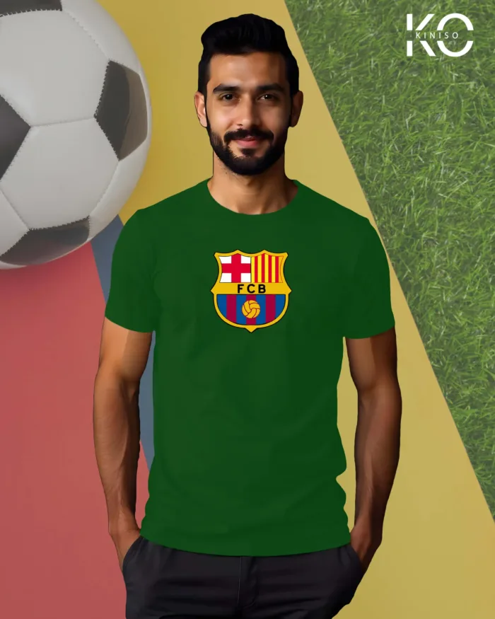 Image of Kiniso Bottle Green Color Half Sleeve T-Shirt with Barcelona Logo print for FCB football fans in Bangladesh