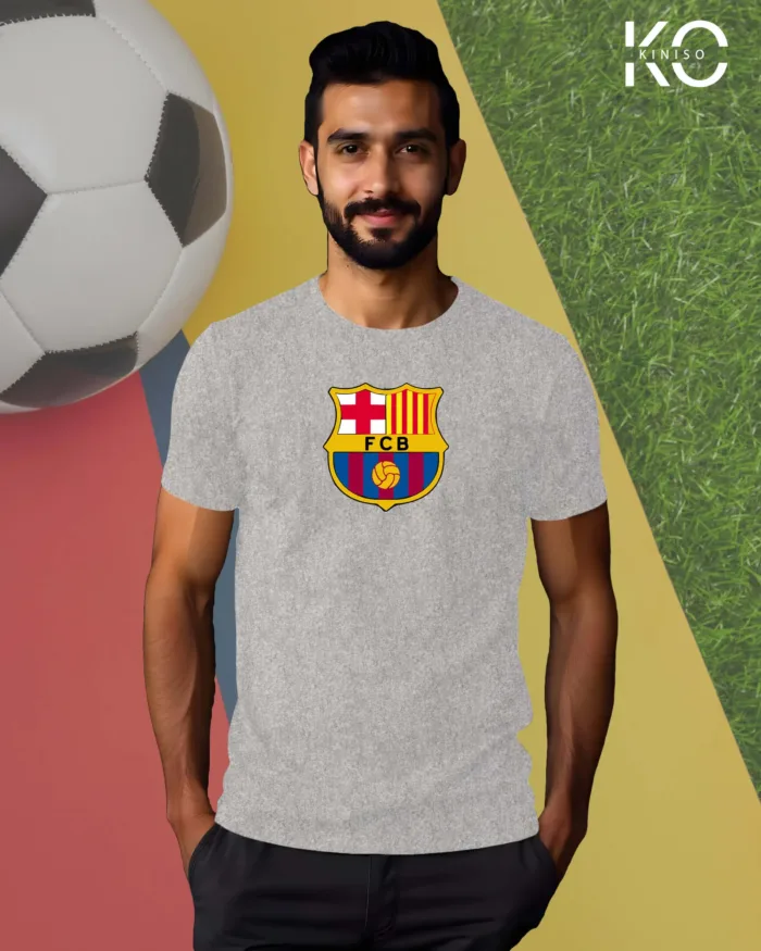 Image of Kiniso Light Grey Color Half Sleeve T-Shirt with Barcelona Logo print for FCB football fans in Bangladesh