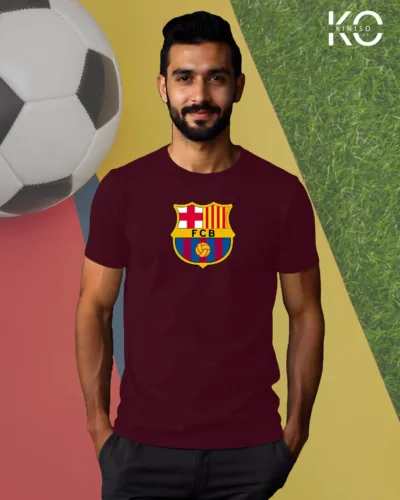 Image of Kiniso Maroon Color Half Sleeve T-Shirt with Barcelona Logo print for FCB football fans in Bangladesh