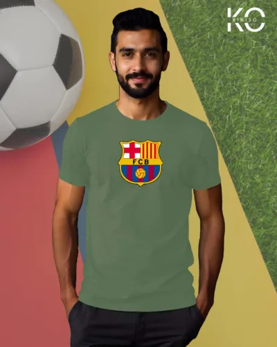 Image of Kiniso Pastel Green Color Half Sleeve T-Shirt with Barcelona Logo print for FCB football fans in Bangladesh