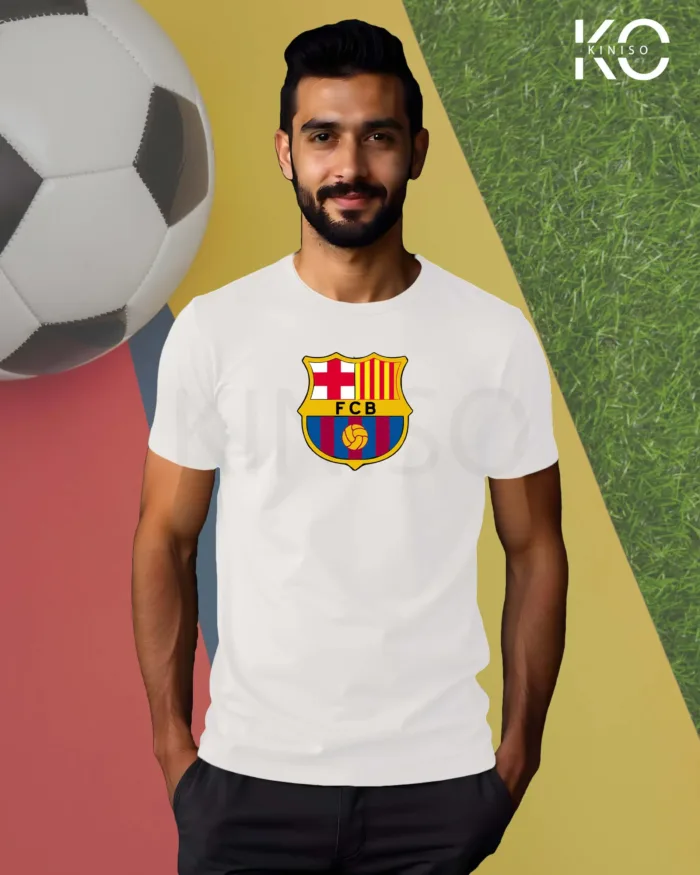 Image of Kiniso White Color Half Sleeve T-Shirt with Barcelona Logo print for FCB football fans in Bangladesh