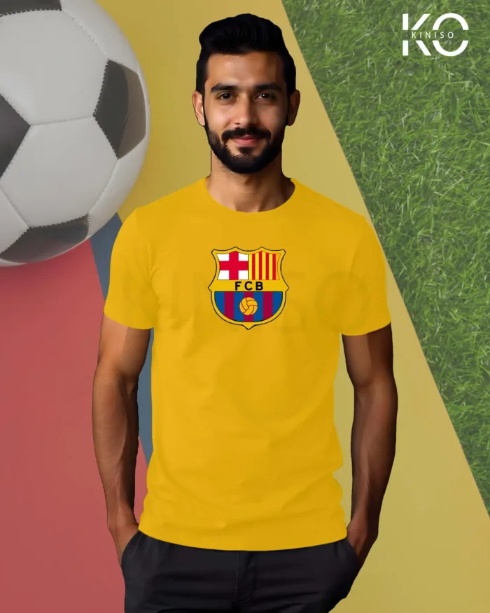 Image of Kiniso Yellow Color Half Sleeve T-Shirt with Barcelona Logo print for FCB football fans in Bangladesh