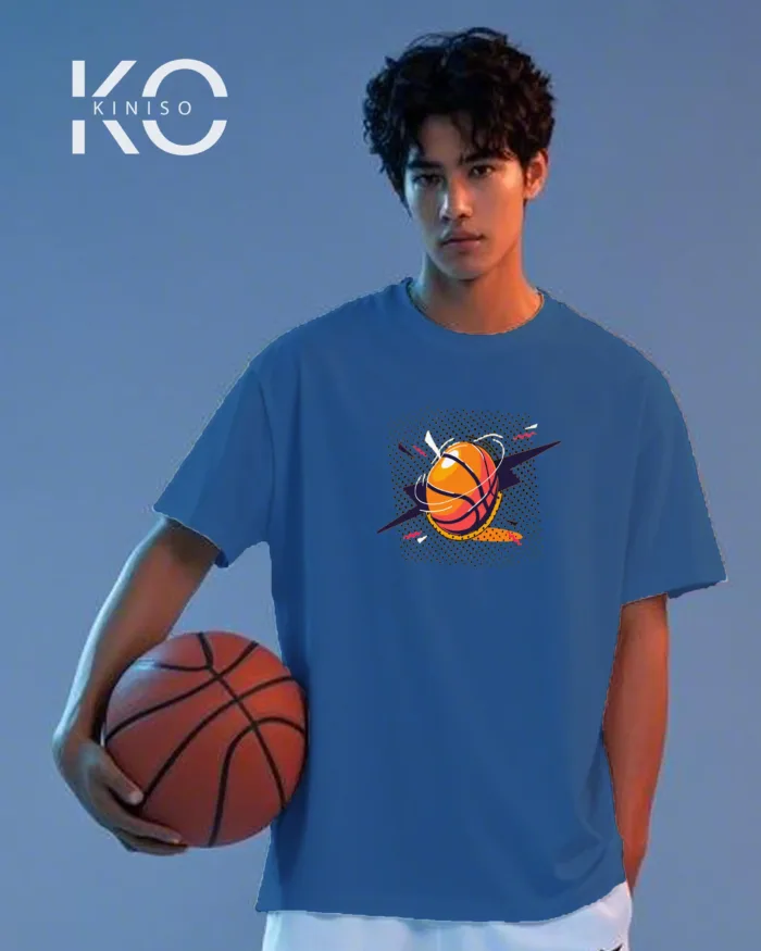 Image of Glaucous Blue Color NBA Drop Shoulder T-Shirts with Basketball Dots Printed for Basketball Lovers