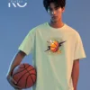 Image of Off White Color NBA Drop Shoulder T-Shirts with Basketball Dots Printed for Basketball Lovers