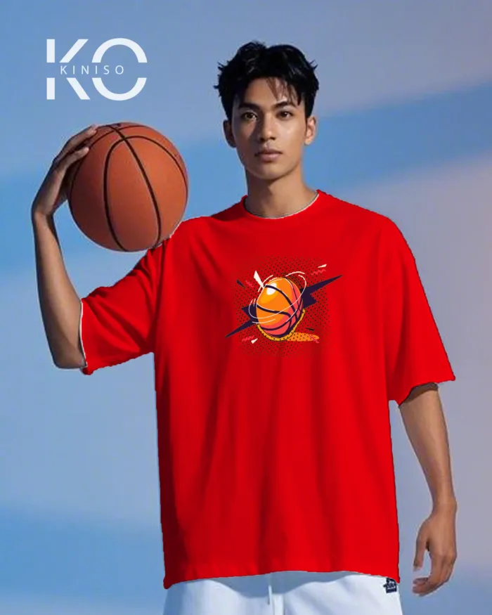 Image of Red Color NBA Drop Shoulder T-Shirts with Basketball Dots Printed for Basketball Lovers
