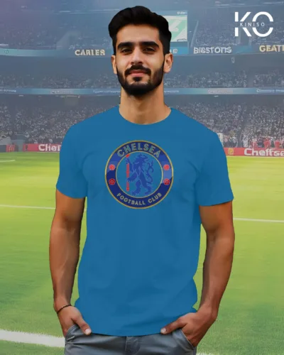 Image of Kiniso Ocean Blue Color Half Sleeve T-Shirt with Chelsea Logo print for football fans in Bangladesh