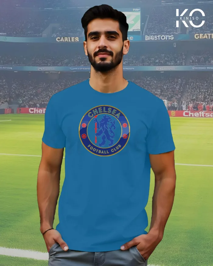 Image of Kiniso Ocean Blue Color Half Sleeve T-Shirt with Chelsea Logo print for football fans in Bangladesh