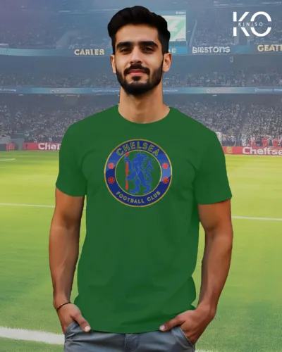 Image of Kiniso Bottle Green Color Half Sleeve T-Shirt with Chelsea Logo print for football fans in Bangladesh