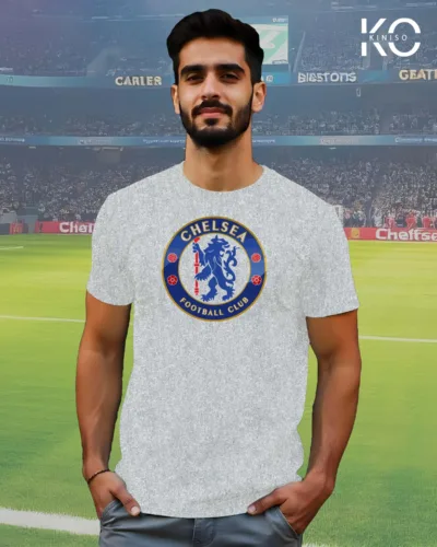 Image of Kiniso Light Grey Color Half Sleeve T-Shirt with Chelsea Logo print for FCB football fans in Bangladesh