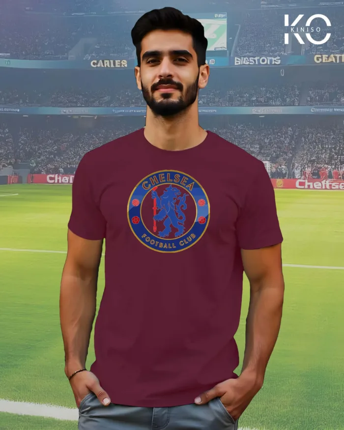 Image of Kiniso Maroon Color Half Sleeve T-Shirt with Chelsea Logo print for football fans in Bangladesh