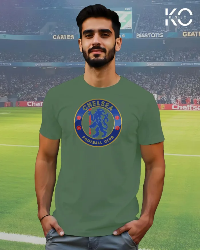 Image of Kiniso Pastel Green Color Half Sleeve T-Shirt with Chelsea Logo print for football fans in Bangladesh