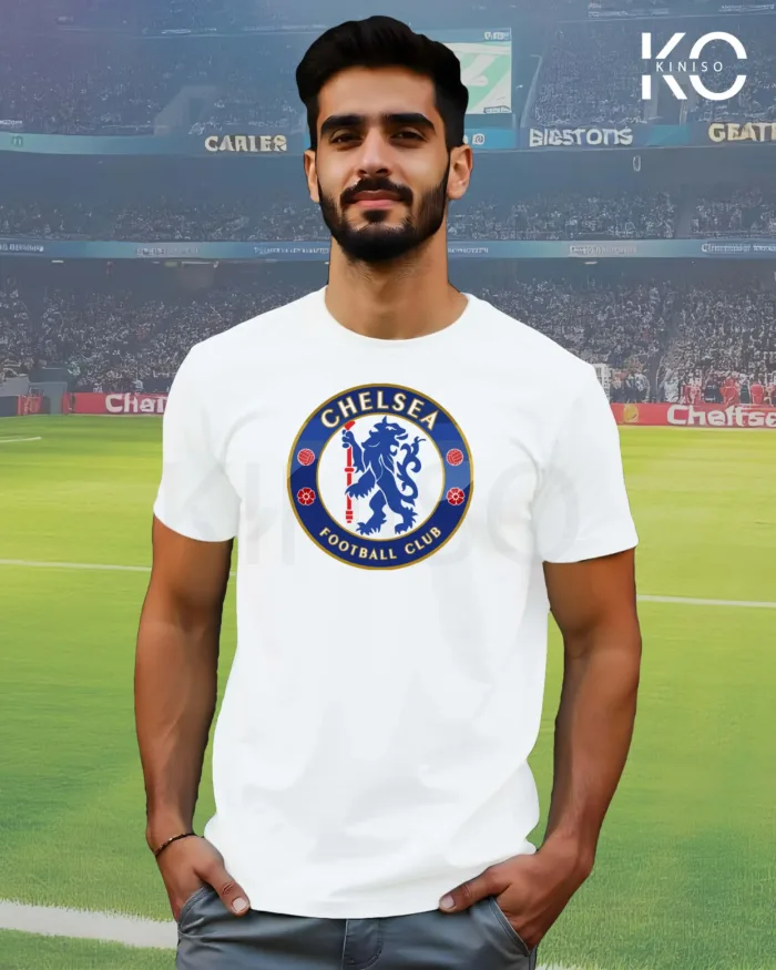 Image of Kiniso White Color Half Sleeve T-Shirt with Chelsea Logo print for football fans in Bangladesh