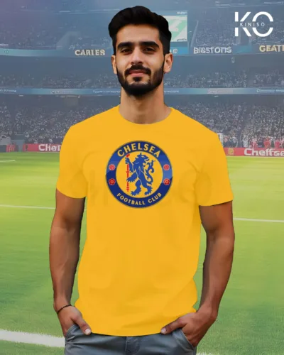 Image of Kiniso Yellow Color Half Sleeve T-Shirt with Chelsea Logo print for football fans in Bangladesh