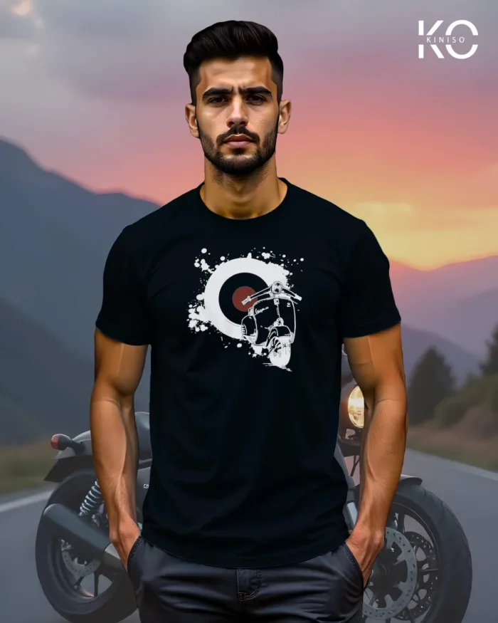 Image of Black Color Motorcycle t-shirts featuring graphics of Classic Scooter for bike riders & adventure seekers