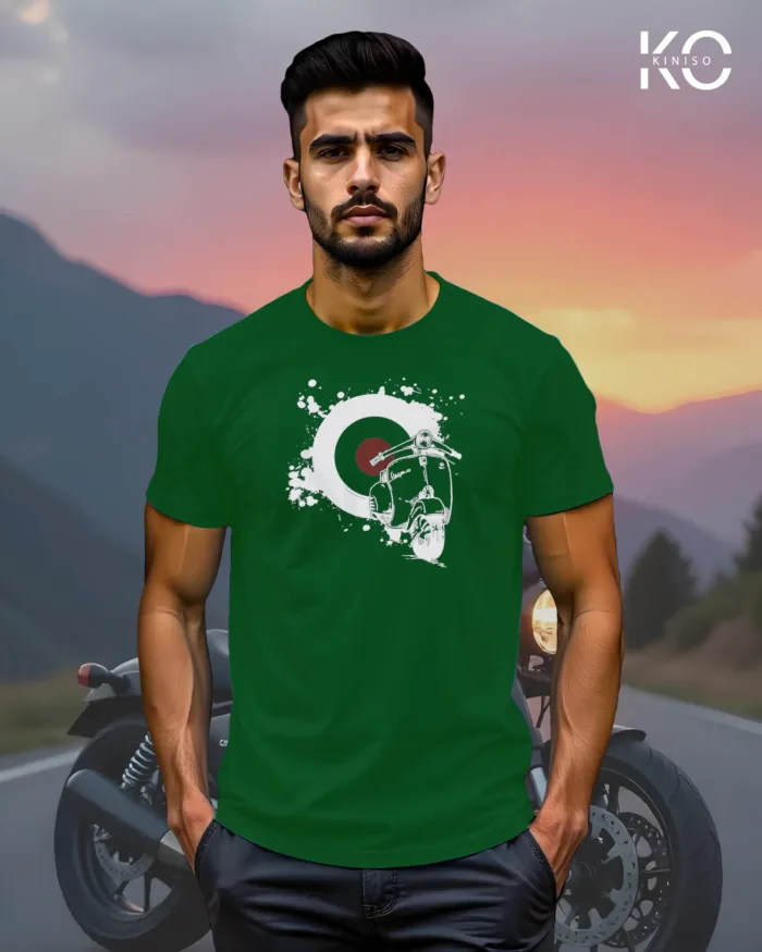 Image of Bottle Green Color Motorcycle t-shirts featuring graphics of Classic Scooter for bike riders & adventure seekers