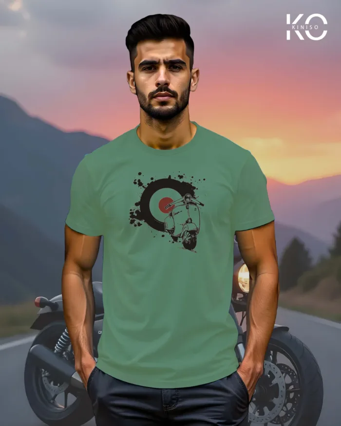 Image of Pastel Green Color Motorcycle t-shirts featuring graphics of Classic Scooter for bike riders & adventure seekers