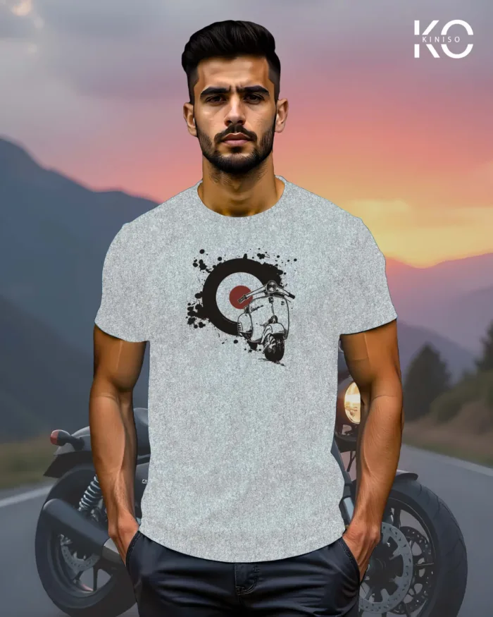 Image of Light Grey Color Motorcycle t-shirts featuring graphics of Classic Scooter for bike riders & adventure seekers