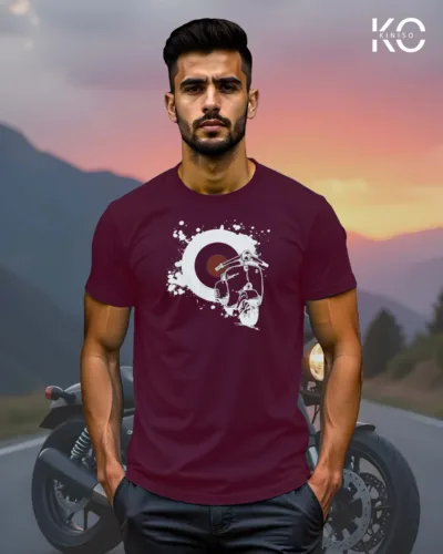 Image of Maroon Color Motorcycle t-shirts featuring graphics of Classic Scooter for bike riders & adventure seekers