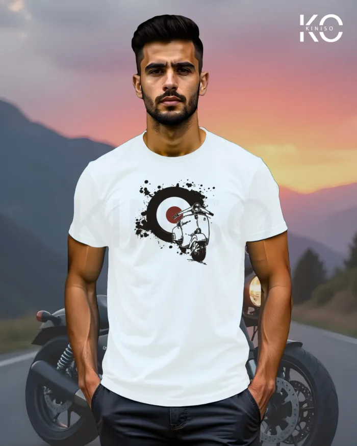 Image of White Color Motorcycle t-shirts featuring graphics of Classic Scooter for bike riders & adventure seekers