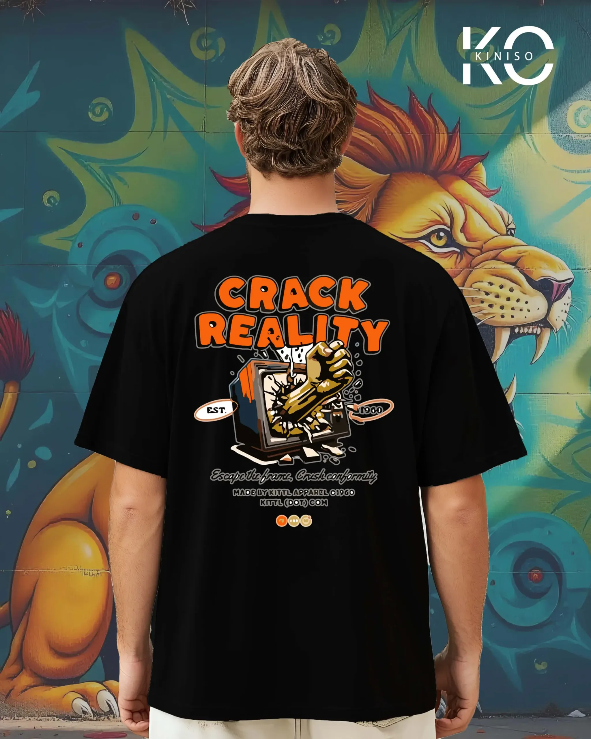 Image of Black color drop shoulder graffiti printed t-shirts with Crack Reality design for hip hop lovers back side