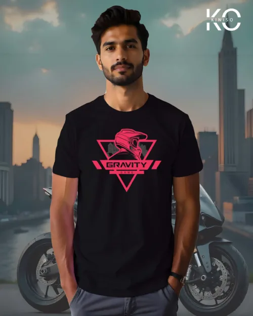 Image of Black Color Motorcycle t-shirts featuring graphics of Gravity Game for bike riders & adventure seekers