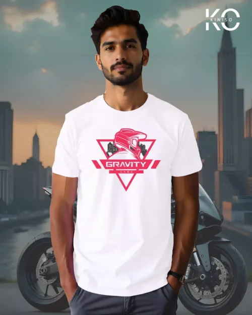 Image of White Color Motorcycle t-shirts featuring graphics of Gravity Game for bike riders & adventure seekers