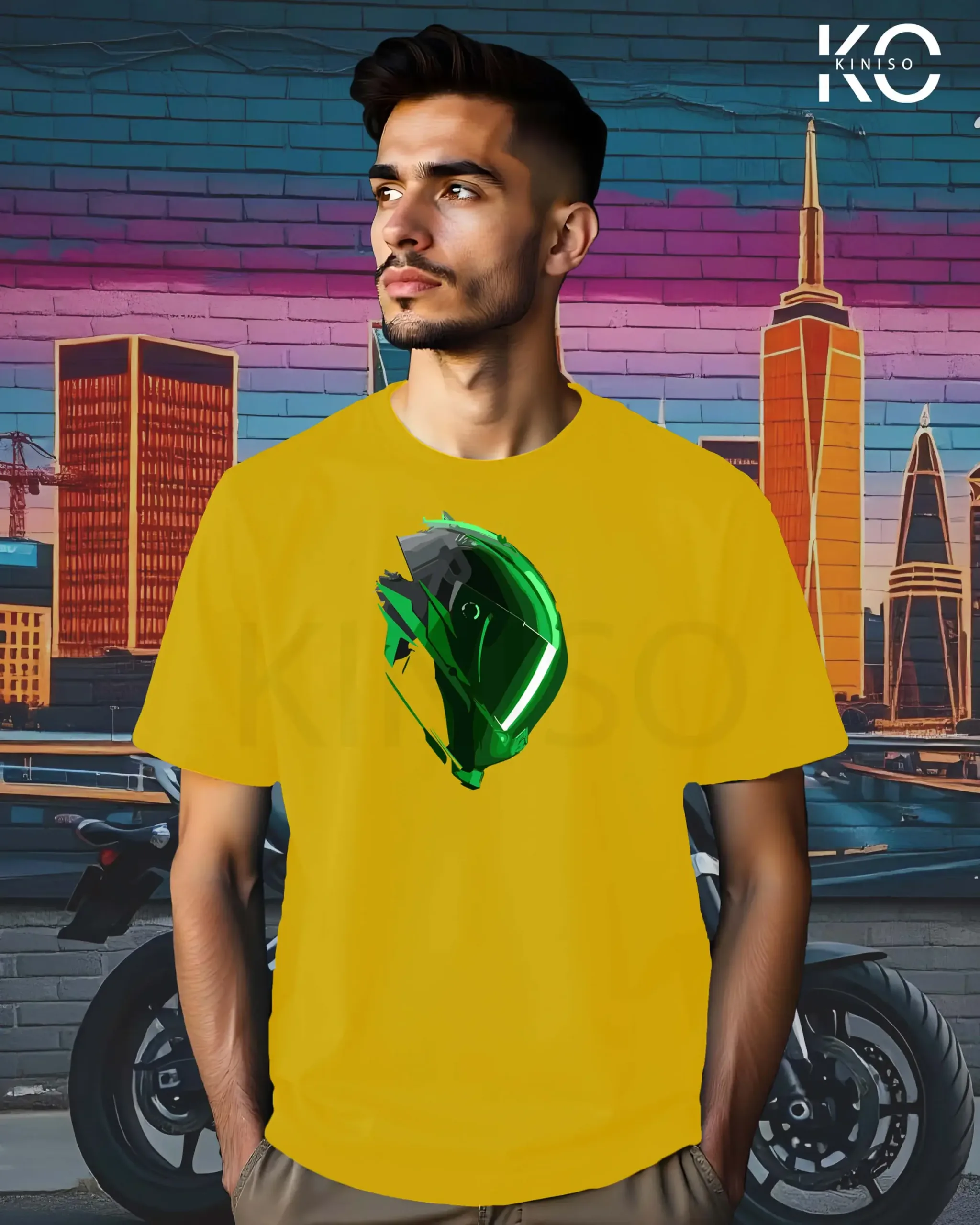 Image of Yellow Color Motorcycle t-shirts featuring graphics of Green Helmet for bike riders & adventure seekers