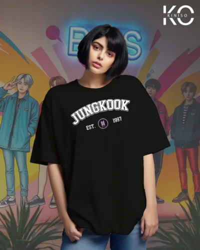 Image of Kiniso Black color drop shoulder k-pop t-shirt with Junkook EST print for women