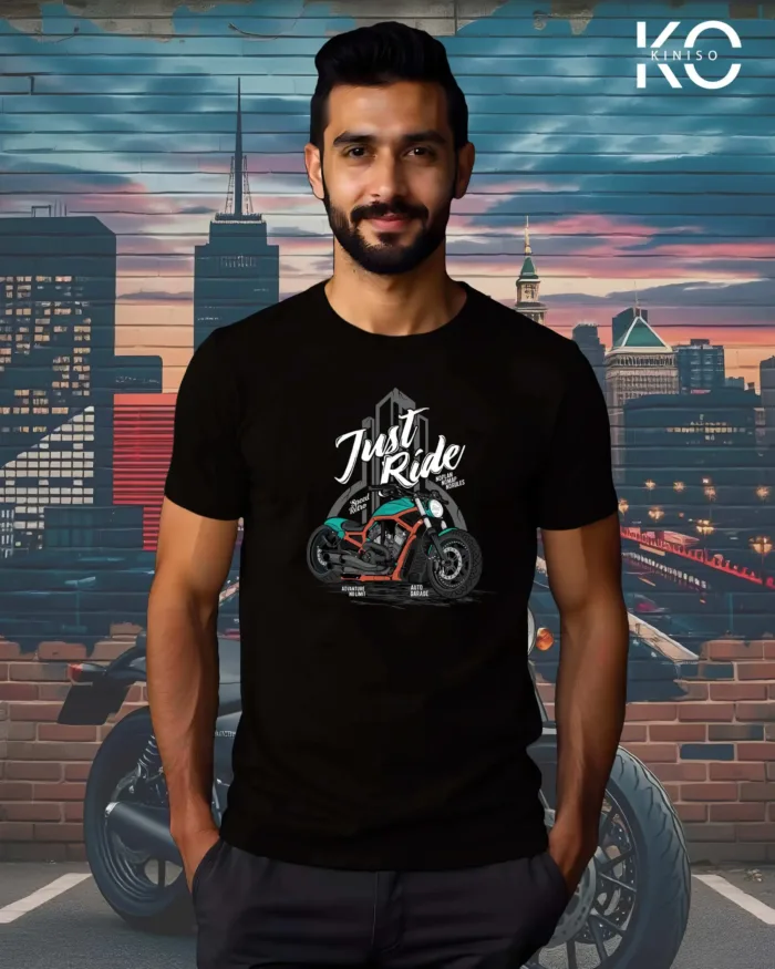 Image of Black Color Motorcycle t-shirts featuring graphics of Just Ride for bike riders & adventure seekers