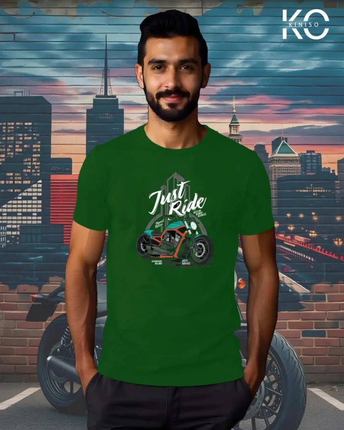 Image of Bottle Green Color Motorcycle t-shirts featuring graphics of Just Ride for bike riders & adventure seekers