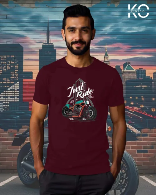 Image of Maroon Color Motorcycle t-shirts featuring graphics of Just Ride for bike riders & adventure seekers