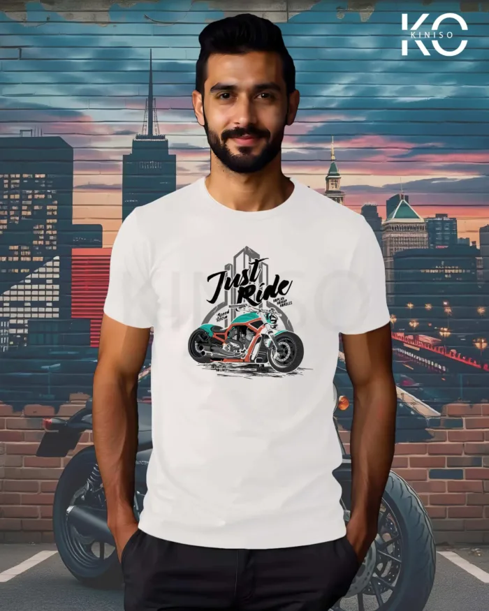 Image of White Color Motorcycle t-shirts featuring graphics of Just Ride for bike riders & adventure seekers