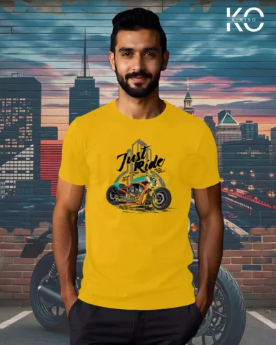 Image of Yellow Color Motorcycle t-shirts featuring graphics of Just Ride for bike riders & adventure seekers