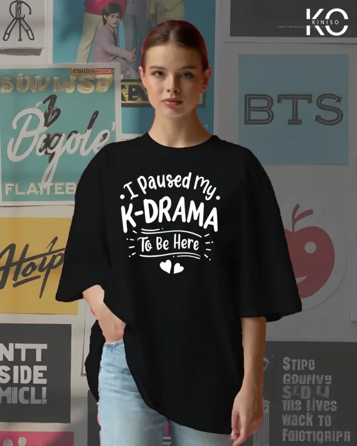 Image of Kiniso Black color drop shoulder k-pop t-shirt with K-Drama print for women