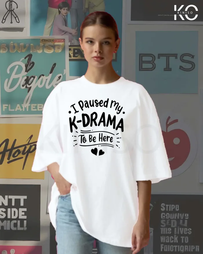 Image of Kiniso white color drop shoulder k-pop t-shirt with K-Drama print for women