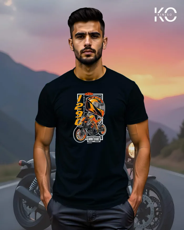 Image of Black Color Motorcycle t-shirts featuring graphics of KTM 1290 for bike riders & adventure seekers
